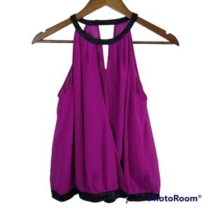Bebe Dark Purple Sheer Black Trim Halter Lightweight Top Size XS